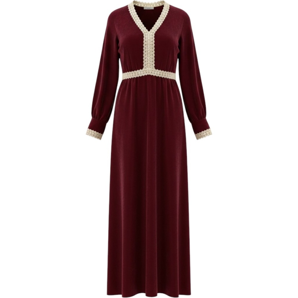 Vintage ILGWU Burgundy Velvet Lace Trim Maxi Dress Size 11 Made in USA 60s 70s